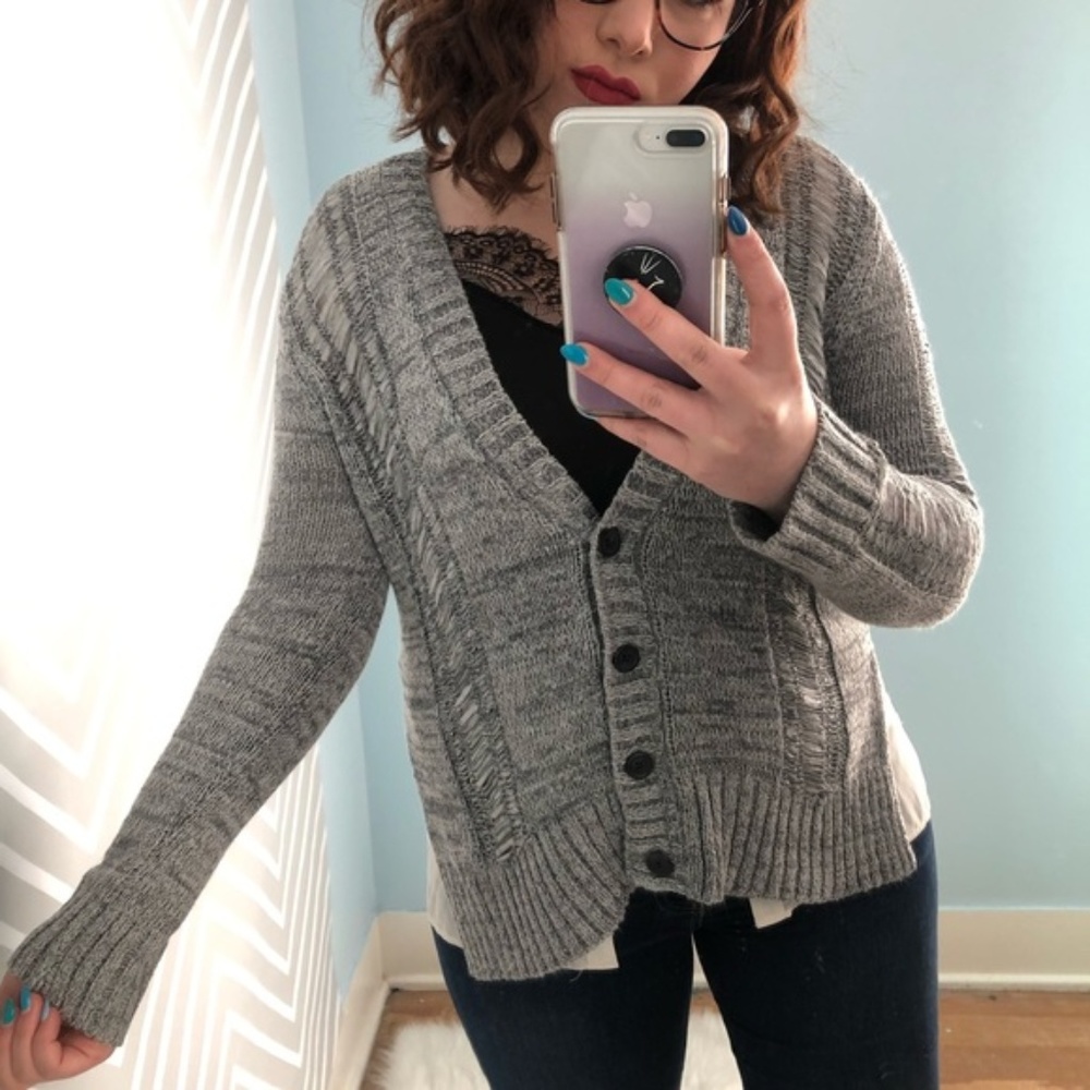 Guess Gray Layered Distressed Cardigan Size Small